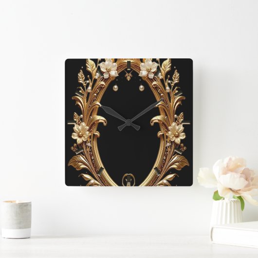 Golden Floral Ornate Frame Wall Clock スクエア壁時計 (ホーム)