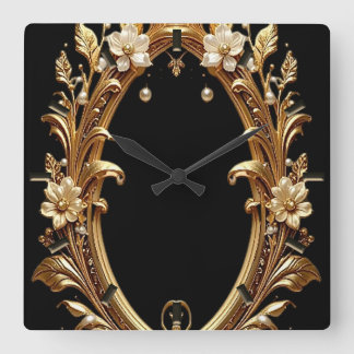 Golden Floral Ornate Frame Wall Clock スクエア壁時計