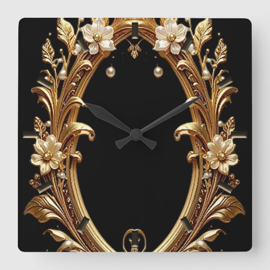 Golden Floral Ornate Frame Wall Clock スクエア壁時計 (正面)