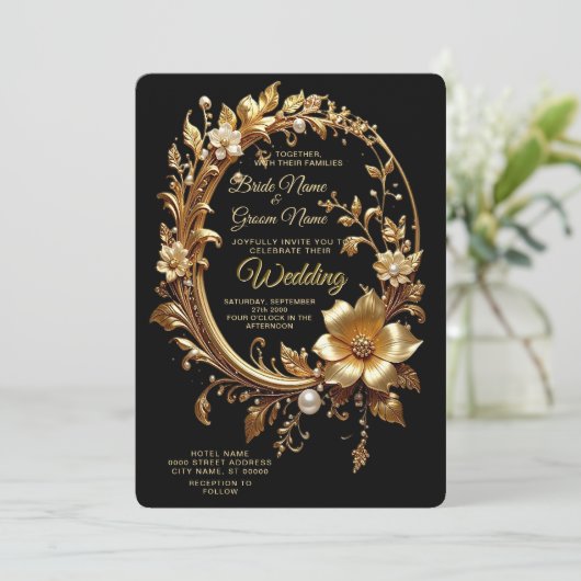 Golden Floral Ornate Frame Wedding Invitation 招待状 (スタンド正面)