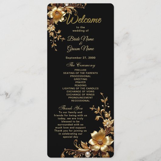 Golden Floral Ornate Frame Wedding Program プログラム (正面)