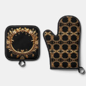 Golden Floral Ornate Oven Mitt & Pot Holder Set 鍋つかみ&鍋敷きセット (正面)
