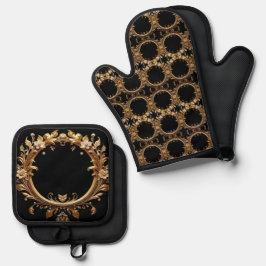 Golden Floral Ornate Oven Mitt & Pot Holder Set 鍋つかみ&鍋敷きセット