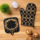 Golden Floral Ornate Oven Mitt & Pot Holder Set 鍋つかみ&鍋敷きセット (トップダウン)