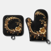 Golden Floral Ornate Oven Mitt & Pot Holder Set 鍋つかみ&鍋敷きセット (正面)