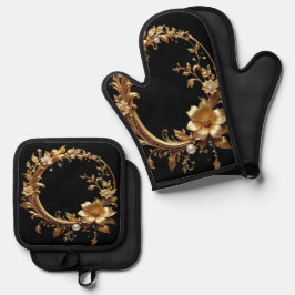 Golden Floral Ornate Oven Mitt & Pot Holder Set 鍋つかみ&鍋敷きセット