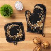Golden Floral Ornate Oven Mitt & Pot Holder Set 鍋つかみ&鍋敷きセット (トップダウン)
