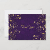 Golden Floral Pattern Leaves Purple Modern Wedding サンキューカード (正面)