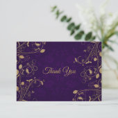 Golden Floral Pattern Leaves Purple Modern Wedding サンキューカード (スタンド正面)