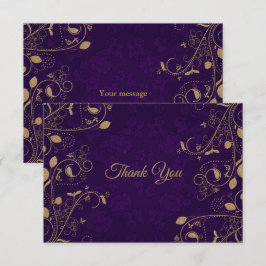 Golden Floral Pattern Leaves Purple Modern Wedding サンキューカード