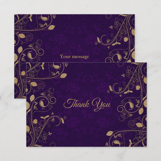 Golden Floral Pattern Leaves Purple Modern Wedding サンキューカード (正面/裏面)