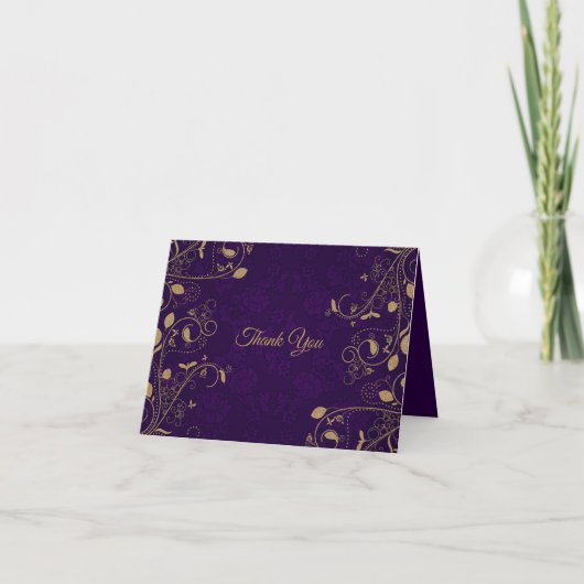 Golden Floral Pattern Leaves Purple Modern Wedding サンキューカード (正面)