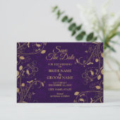 Golden Floral Pattern Leaves Purple Modern Wedding セーブザデート (スタンド正面)