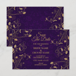 Golden Floral Pattern Leaves Purple Modern Wedding セーブザデート