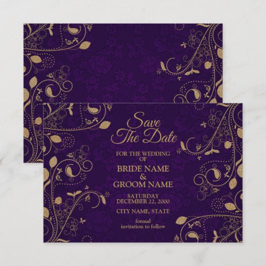 Golden Floral Pattern Leaves Purple Modern Wedding セーブザデート (正面/裏面)