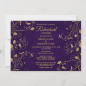 Golden Floral Purple Wedding Rehearsal Dinner 招待状 (正面)