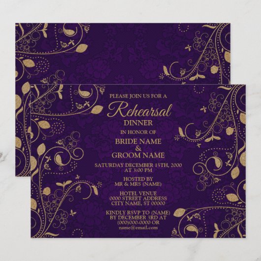 Golden Floral Purple Wedding Rehearsal Dinner 招待状 (正面/裏面)