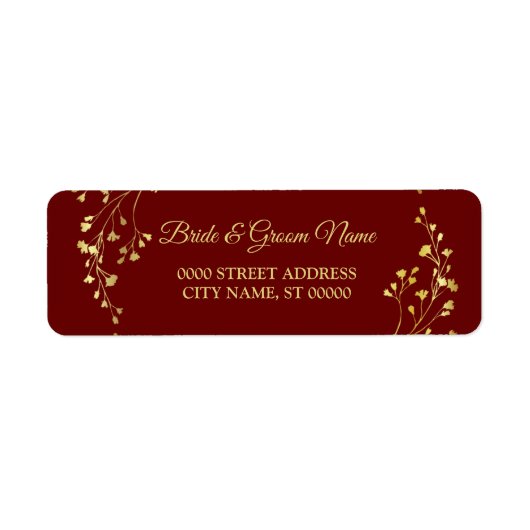 Golden Floral Wreath Red Wedding Return Address ラベル (正面)