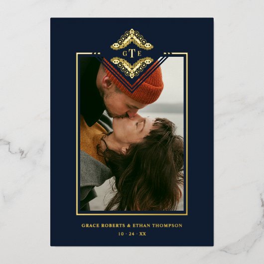 Golden Flourish Classic Ornament Photo Navy Blue 箔招待状 (正面)