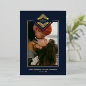 Golden Flourish Classic Ornament Photo Navy Blue 箔招待状 (立ち正面)