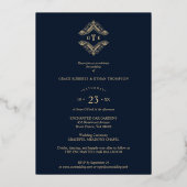 Golden Flourish Classic Ornament Photo Navy Blue 箔招待状 (裏面)