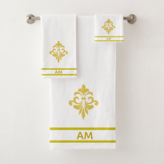 Golden Flower, Monogram and Stripes on White バスタオルセット