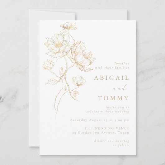 Golden Flowers Classic Modern Wedding 招待状 (正面)