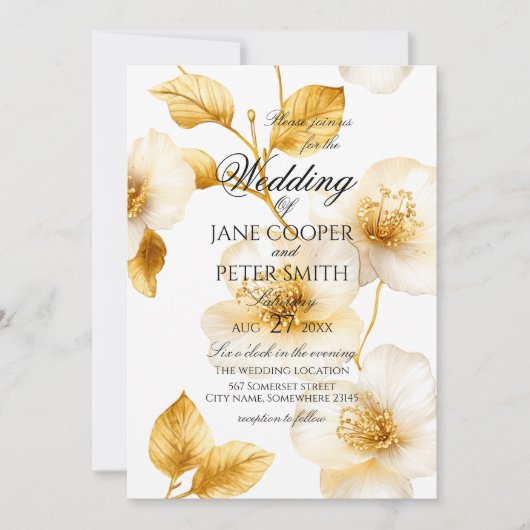 Golden flowers floral Wedding Invitation 招待状 (正面)
