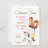 Golden Foil Balloon Unicorn Girl 10th Birthday 招待状 (正面)