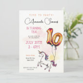 Golden Foil Balloon Unicorn Girl 10th Birthday 招待状 (スタンド正面)