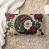 Golden Frame Roses Pillow - Elegant Burgundy Cream ランバークッション (ブランケット)