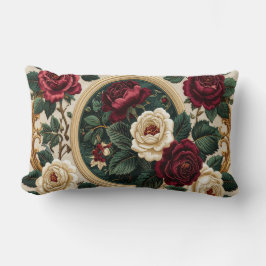 Golden Frame Roses Pillow - Elegant Burgundy Cream ランバークッション