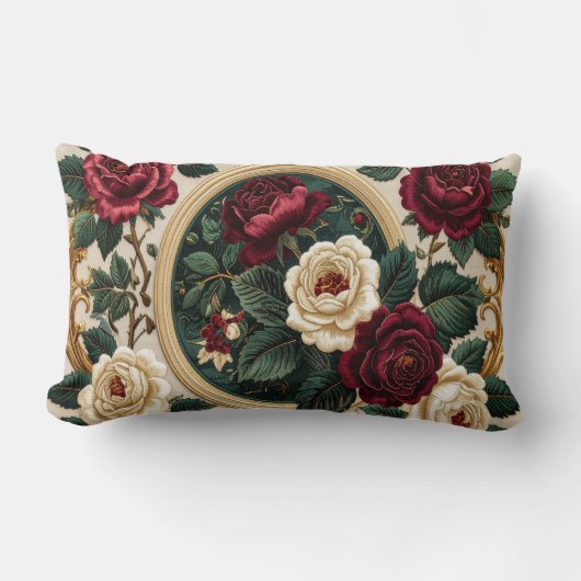 Golden Frame Roses Pillow - Elegant Burgundy Cream ランバークッション (正面)
