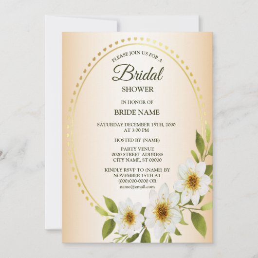 Golden Frame White Floral Peach Bridal Shower 招待状 (正面)