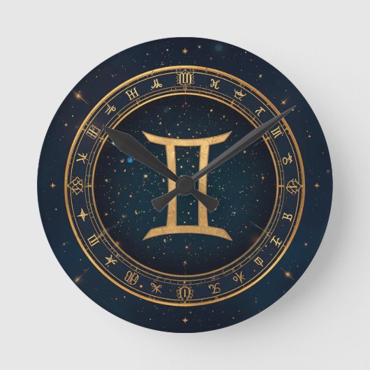 Golden Gemini Zodiac Circle With Starry Night ラウンド壁時計 (正面)