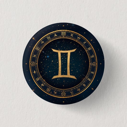 Golden Gemini Zodiac Circle With Starry Night 缶バッジ (正面)