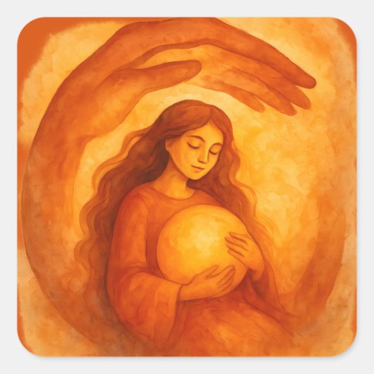 Golden Girl Holding Light Warm Protective Art スクエアシール (正面)