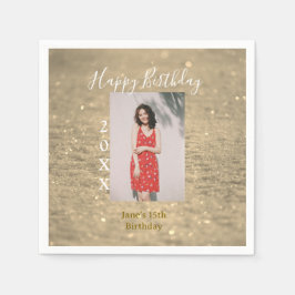 Golden glitter happy 15th birthday photo name year スタンダードカクテルナプキン