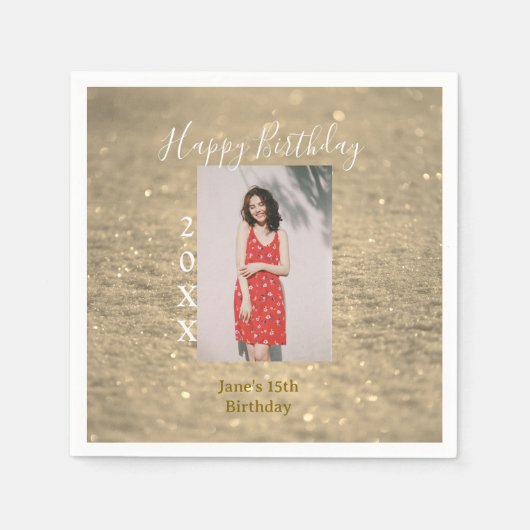 Golden glitter happy 15th birthday photo name year スタンダードカクテルナプキン (正面)