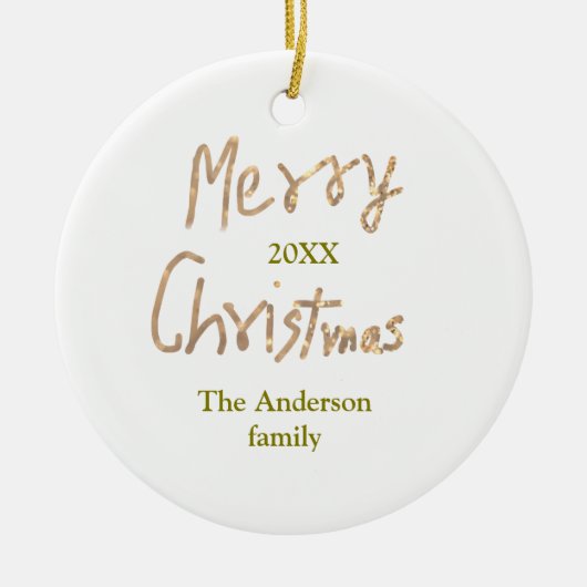 Golden glitter merry christmas add family name yea セラミックオーナメント (正面)