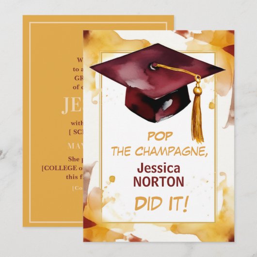 🎓Golden Glow Custom Graduation Announcement 招待状 (正面/裏面)