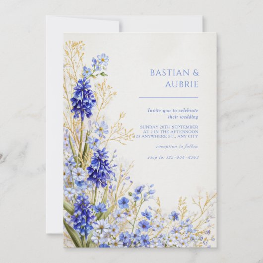 Golden Grass Blue Muscari Botanical Spray Wedding 招待状 (正面)