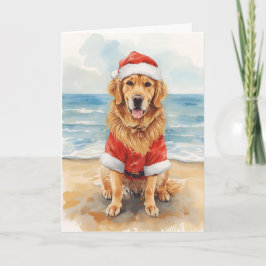 Golden Greetings from Santa Paws – Beach Christmas カード