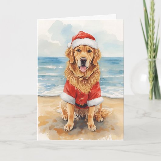 Golden Greetings from Santa Paws – Beach Christmas カード (正面)