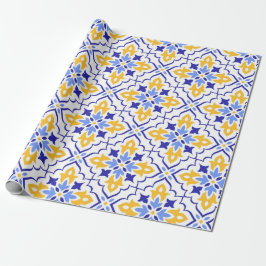 Golden Harmony Blue Floral Mosaic Elegant ラッピングペーパー