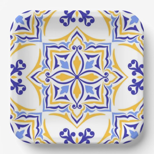 Golden Harmony Blue Gold Mosaic Mediterranean ペーパープレート (正面)