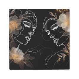 Golden Harmony: Dual Faces in Floral Embrace メタルプリント