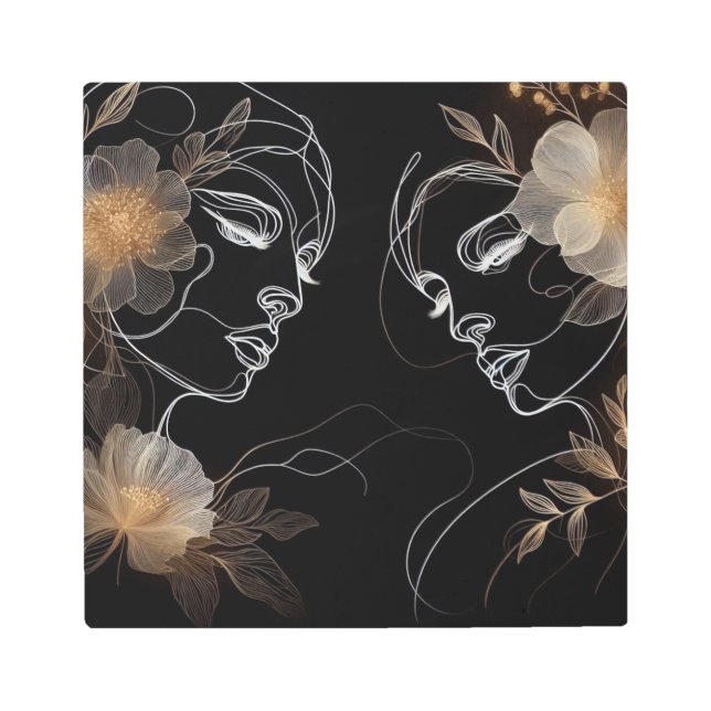 Golden Harmony: Dual Faces in Floral Embrace メタルプリント (正面)