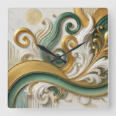 Golden Harmony Swirl – Elegant Abstract Wall Clock スクエア壁時計 (正面)