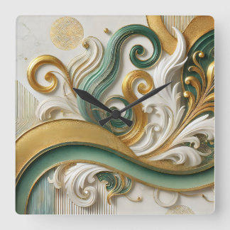 Golden Harmony Swirl – Elegant Abstract Wall Clock スクエア壁時計